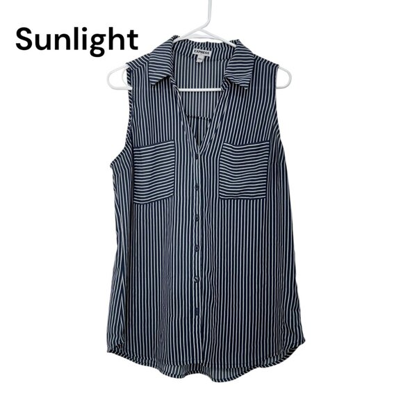 Express Sleeveless Striped Blouse Womens L Dusty Blue/White Button-Down - Picture 1 of 8